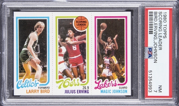 1980-81 Topps Scoring Leaders #6 Larry Bird/Magic Johnson Rookie Card - PSA NM 7